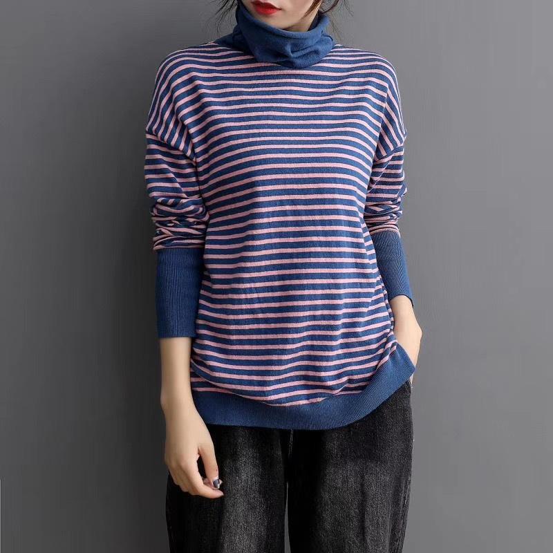 Turtleneck Spliced Stripe Casual Knit Shirt