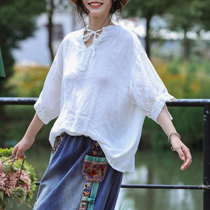 V-Neck Lacing Solid Color Casual Blouse