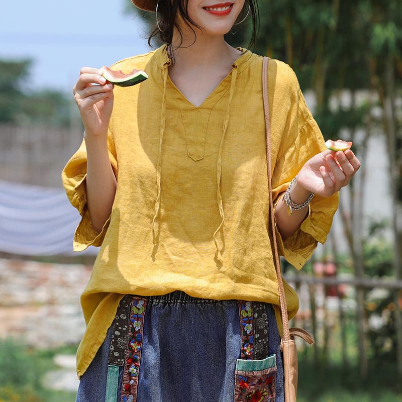 V-Neck Lacing Solid Color Casual Blouse