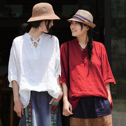 V-Neck Lacing Solid Color Casual Blouse