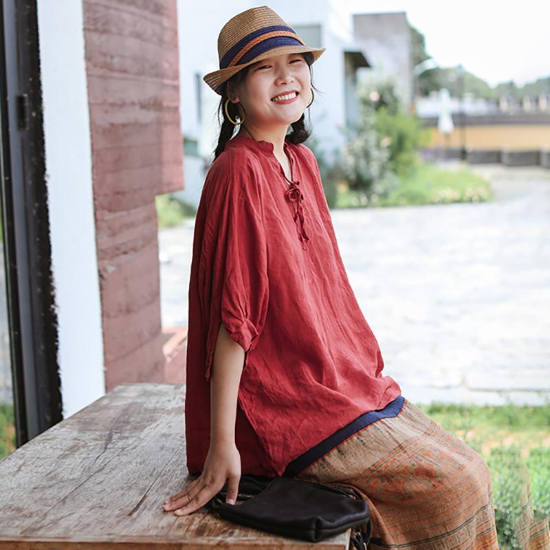 V-Neck Lacing Solid Color Casual Blouse