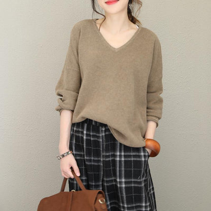 Buykud V-Neck Loose Curling Literary Casual Sweater