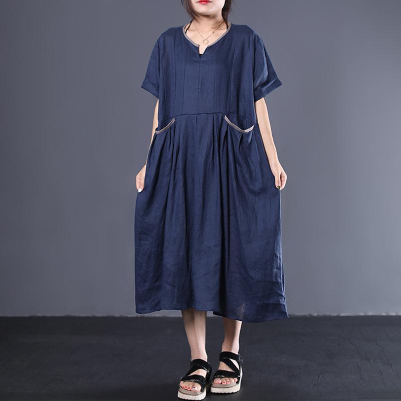 V-Neck Pleated Solid Color Loose Dress