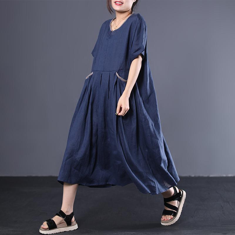 V-Neck Pleated Solid Color Loose Dress