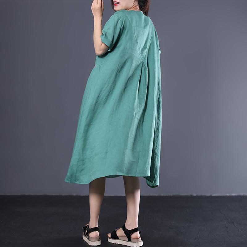 V-Neck Pleated Solid Color Loose Dress
