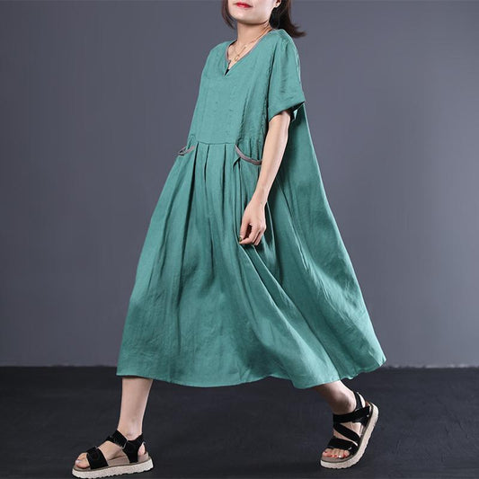 V-Neck Pleated Solid Color Loose Dress