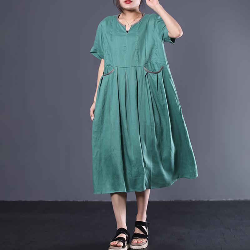 V-Neck Pleated Solid Color Loose Dress