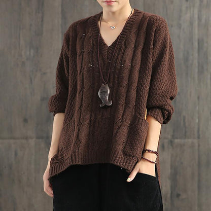 V-Neck Pullover Contrast Color Loose Sweater