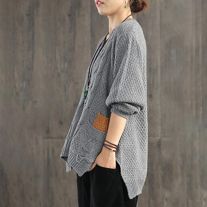 V-Neck Pullover Contrast Color Loose Sweater