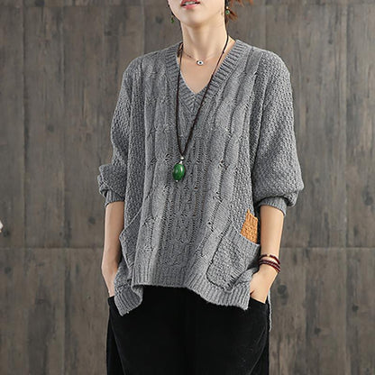 V-Neck Pullover Contrast Color Loose Sweater