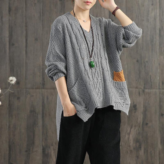V-Neck Pullover Contrast Color Loose Sweater