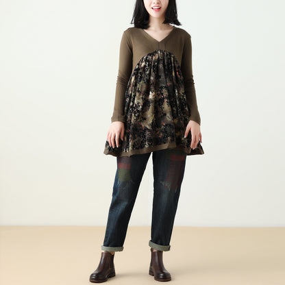 V-neck Knitting Print Top Or Denim Pants