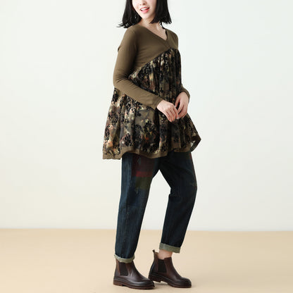 V-neck Knitting Print Top Or Denim Pants