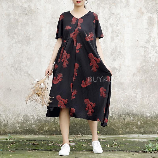 V-neck Loose Print Cotton Casual Summer Dress