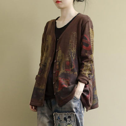 V-neck Printed Long Sleeve Casual Wild Coat