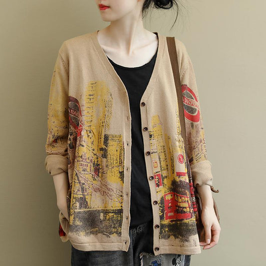 V-neck Printed Long Sleeve Casual Wild Coat