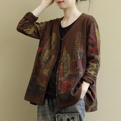 V-neck Printed Long Sleeve Casual Wild Coat