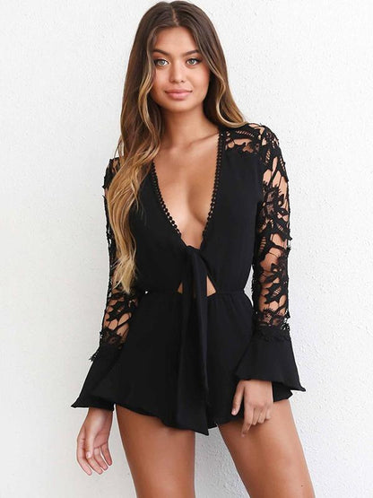 Lace Split Joint V Neck Bandage Romper