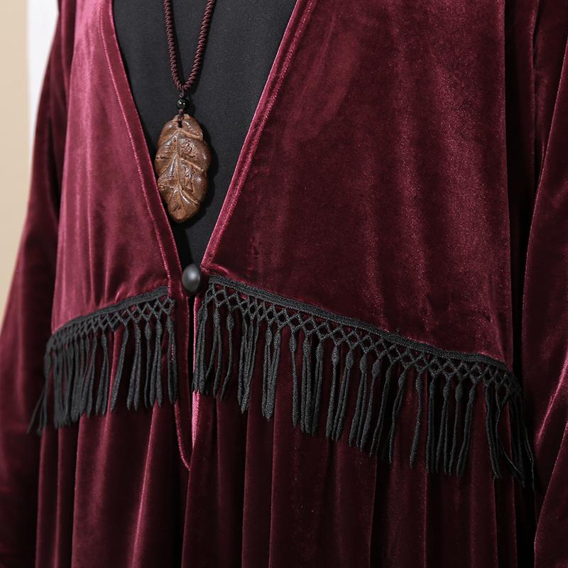 V Neck Long Sleeve Wine Red Pleated Dress