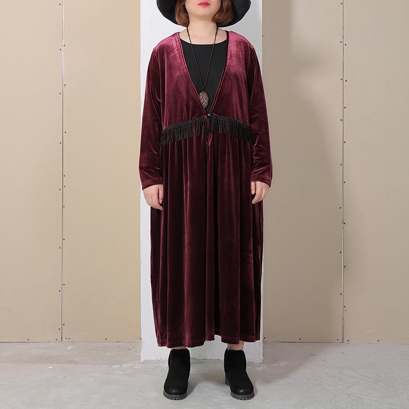 V Neck Long Sleeve Wine Red Pleated Dress