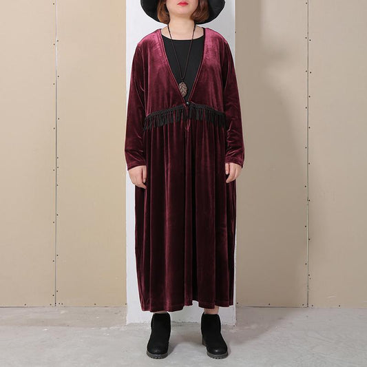 V Neck Long Sleeve Wine Red Pleated Dress