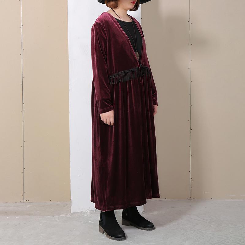 V Neck Long Sleeve Wine Red Pleated Dress