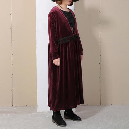 V Neck Long Sleeve Wine Red Pleated Dress
