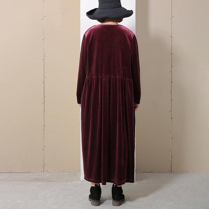 V Neck Long Sleeve Wine Red Pleated Dress