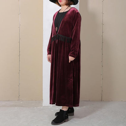 V Neck Long Sleeve Wine Red Pleated Dress