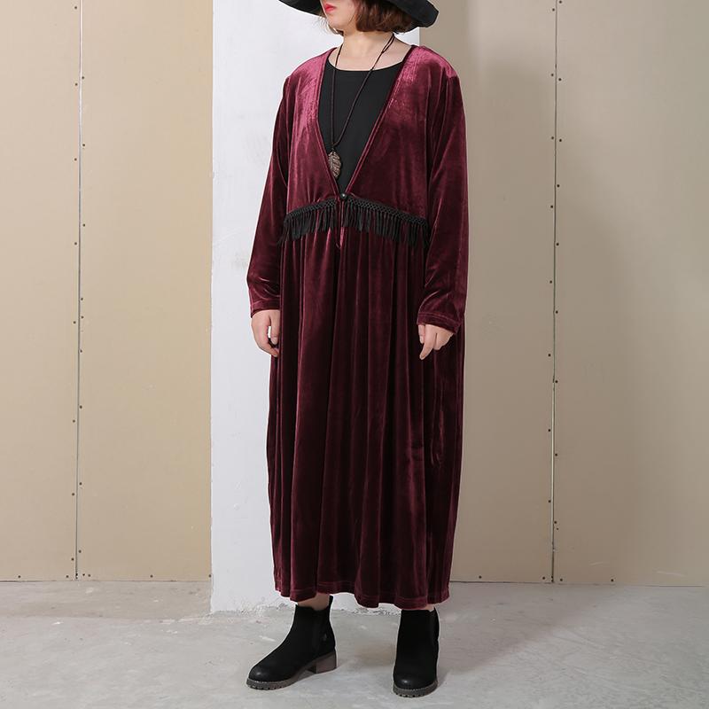 V Neck Long Sleeve Wine Red Pleated Dress