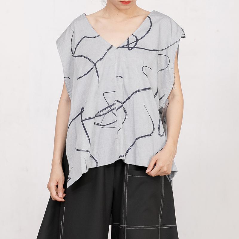 V Neck Sleeveless Irregular Printed Gray Vest