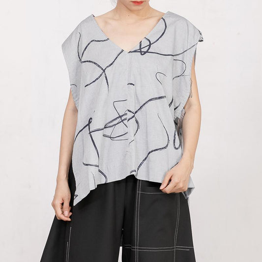 V Neck Sleeveless Irregular Printed Gray Vest