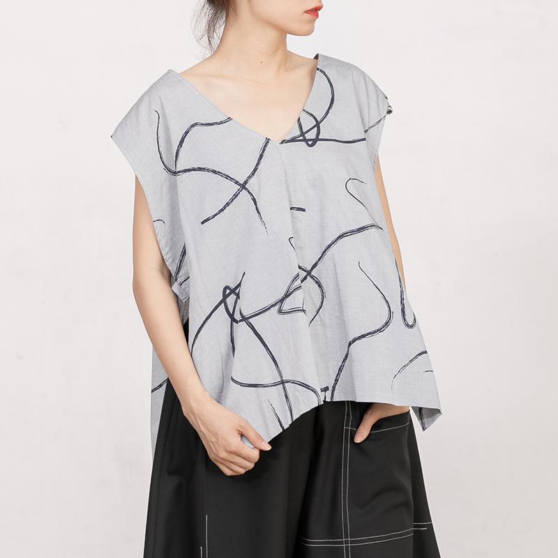 V Neck Sleeveless Irregular Printed Gray Vest