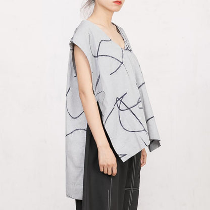 V Neck Sleeveless Irregular Printed Gray Vest