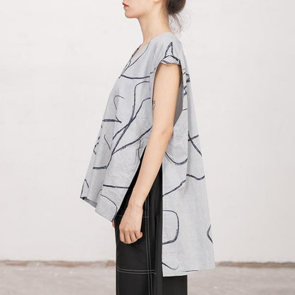 V Neck Sleeveless Irregular Printed Gray Vest
