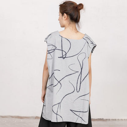 V Neck Sleeveless Irregular Printed Gray Vest