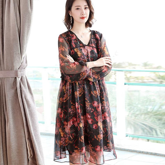 Vintage Chiffon Loose Floral Hollow Women Midi Dress