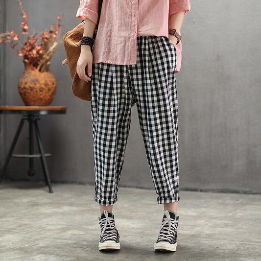 Vintage Cotton Linen Plaid Ankle-Length Pants