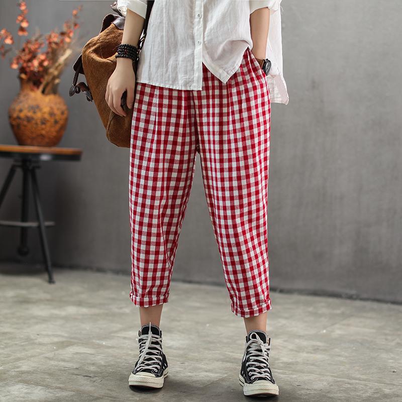 Vintage Cotton Linen Plaid Ankle-Length Pants