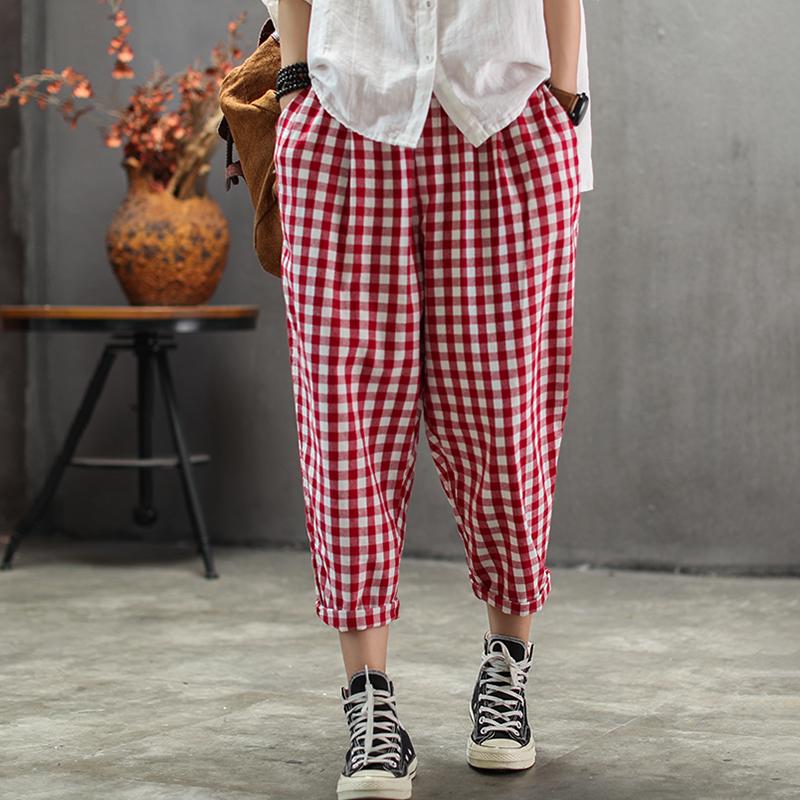 Vintage Cotton Linen Plaid Ankle-Length Pants