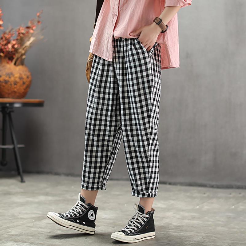 Vintage Cotton Linen Plaid Ankle-Length Pants