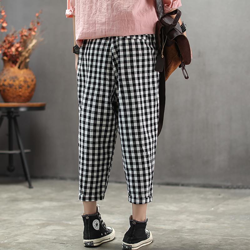 Vintage Cotton Linen Plaid Ankle-Length Pants