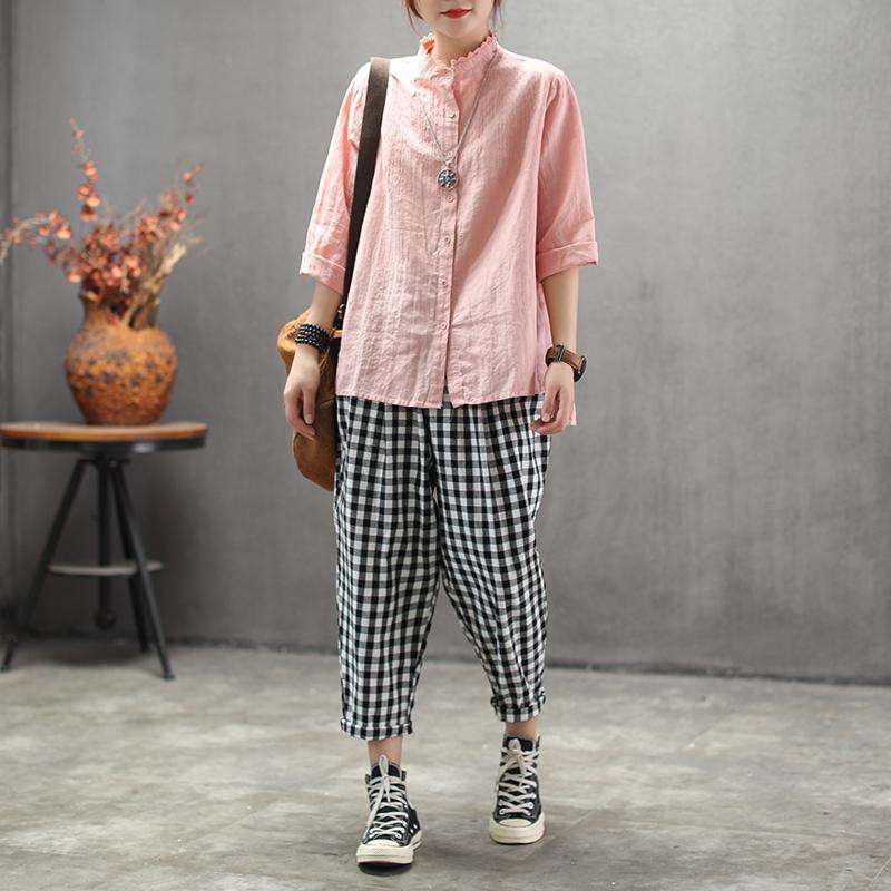 Vintage Cotton Linen Plaid Ankle-Length Pants