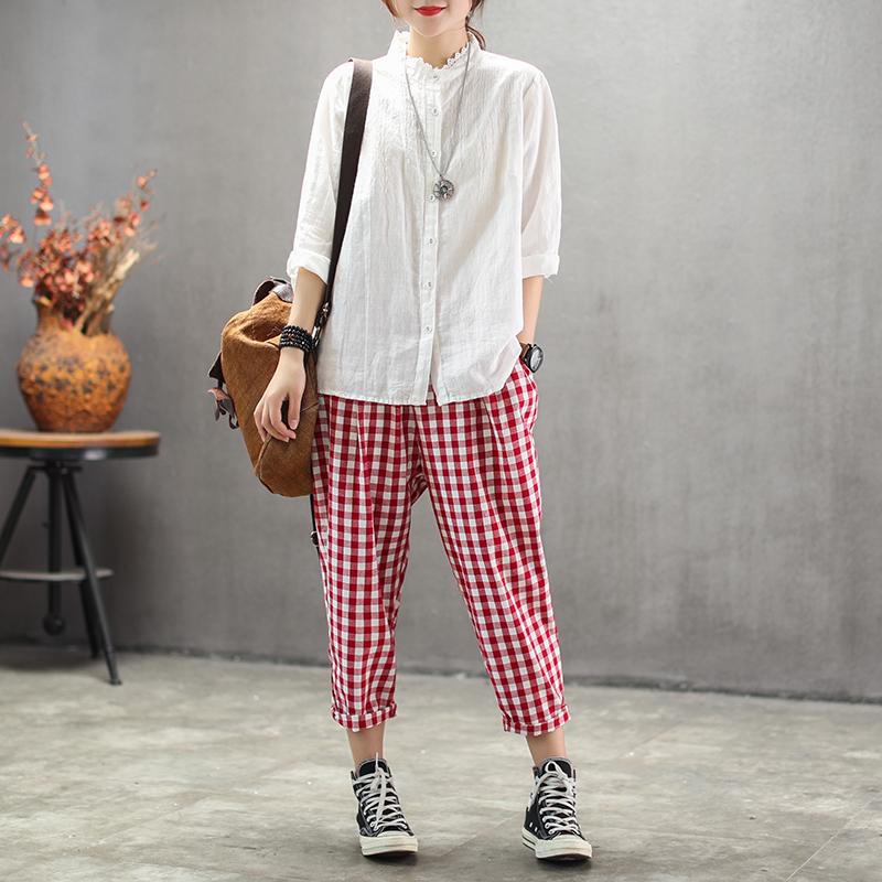 Vintage Cotton Linen Plaid Ankle-Length Pants