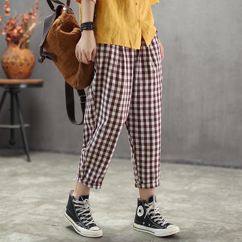 Vintage Cotton Linen Plaid Ankle-Length Pants