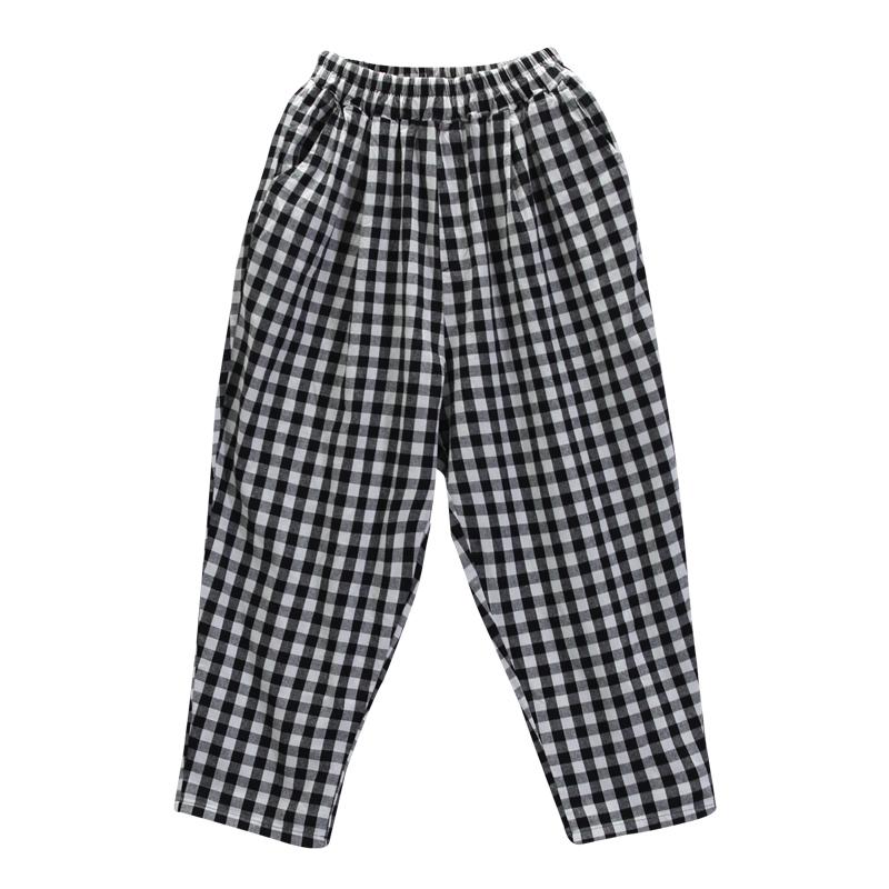 Vintage Cotton Linen Plaid Ankle-Length Pants