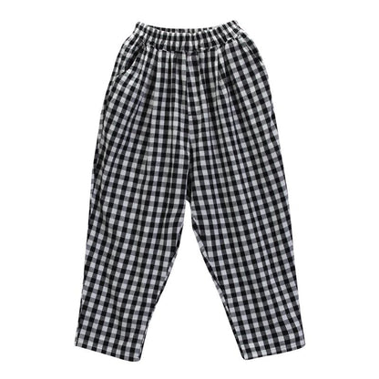 Vintage Cotton Linen Plaid Ankle-Length Pants