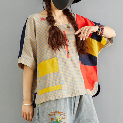 Vintage Cotton Linen Plaid Patch Designs Blouse