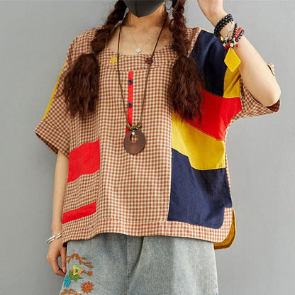 Vintage Cotton Linen Plaid Patch Designs Blouse