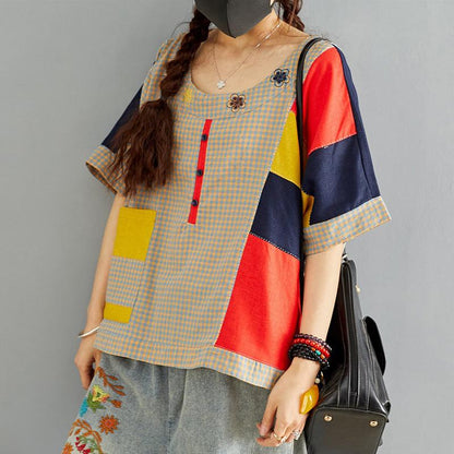 Vintage Cotton Linen Plaid Patch Designs Blouse